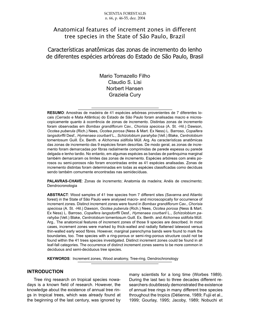 Anatomical Features of Increment Zones in Different Tree Species in the State of São Paulo, Brazil