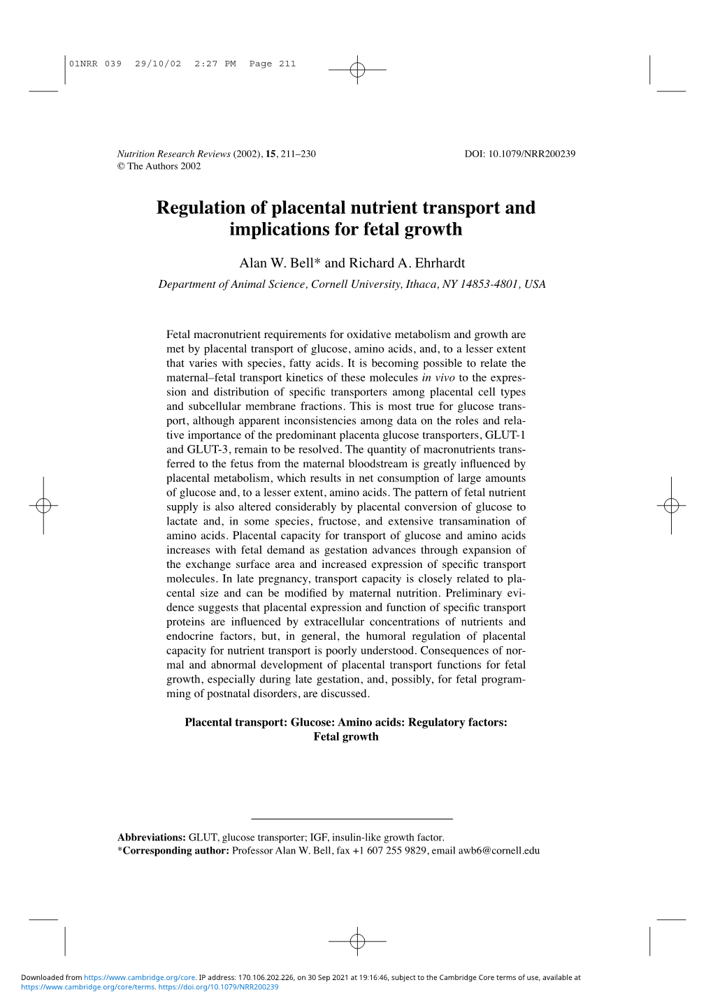 Regulation of Placental Nutrient Transport and Implications for Fetal Growth