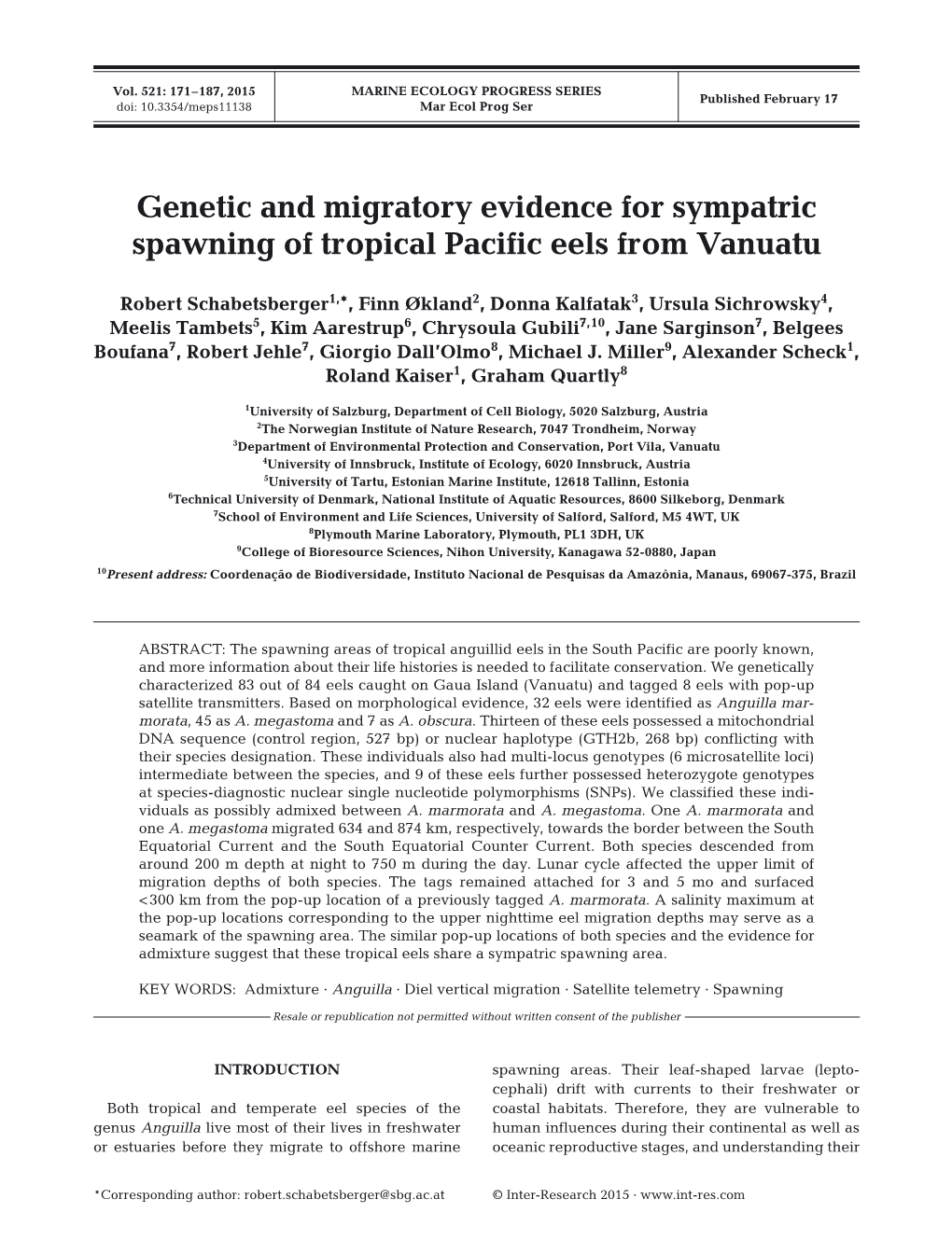 Genetic and Migratory Evidence for Sympatric Spawning of Tropical Pacific Eels from Vanuatu