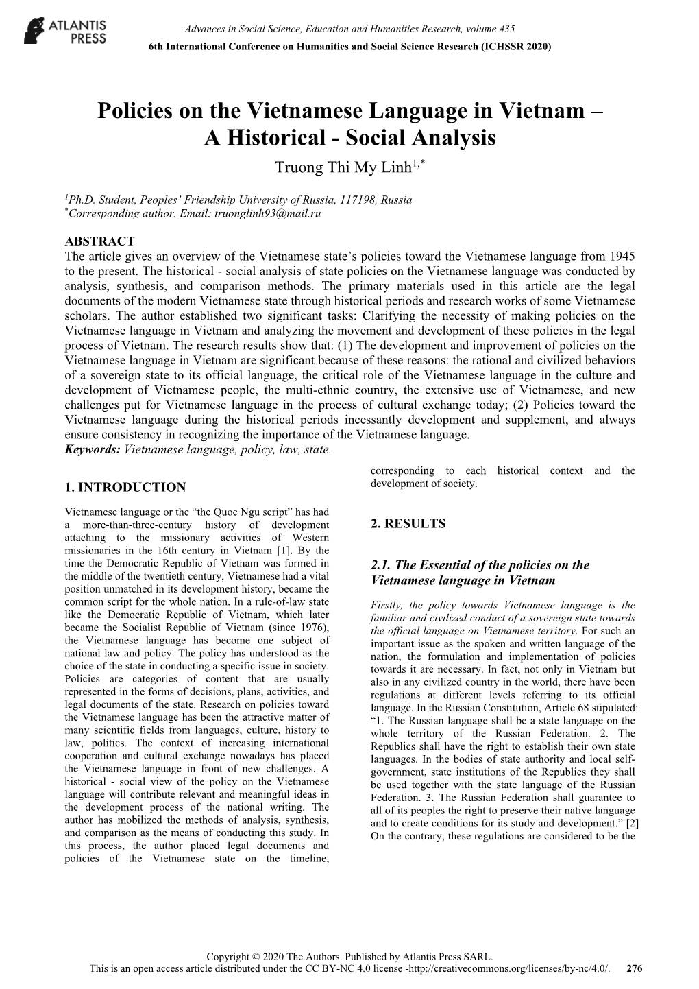 Policies on the Vietnamese Language in Vietnam – a Historical - Social Analysis Truong Thi My Linh1,*