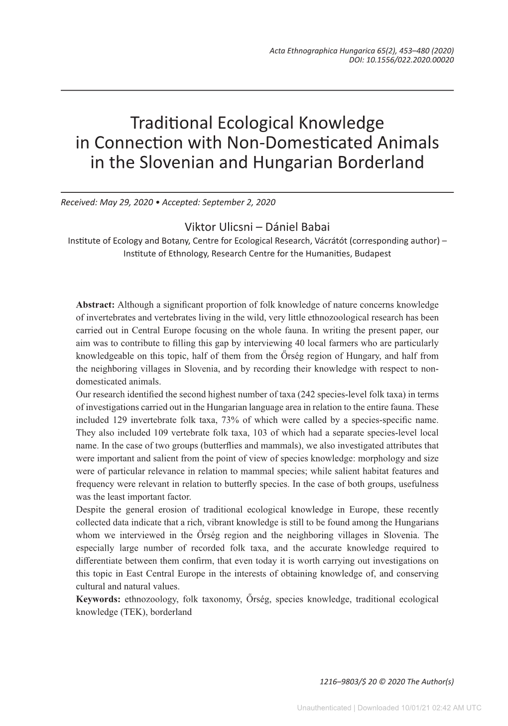 Traditional Ecological Knowledge in Connection with Non-Domesticated Animals in the Slovenian and Hungarian Borderland