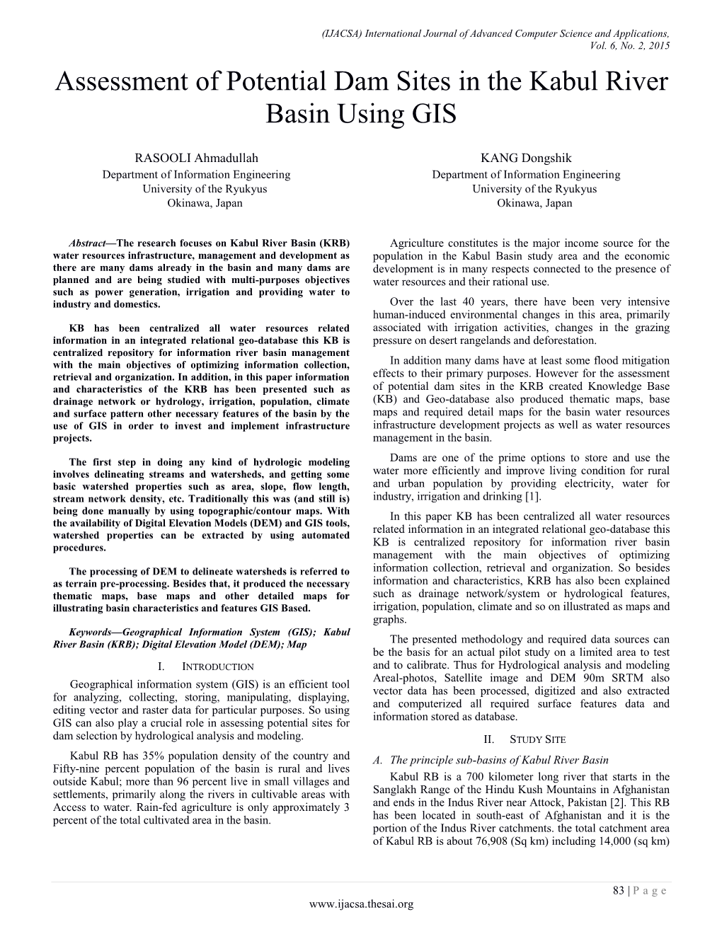 Assessment of Potential Dam Sites in the Kabul River Basin Using GIS