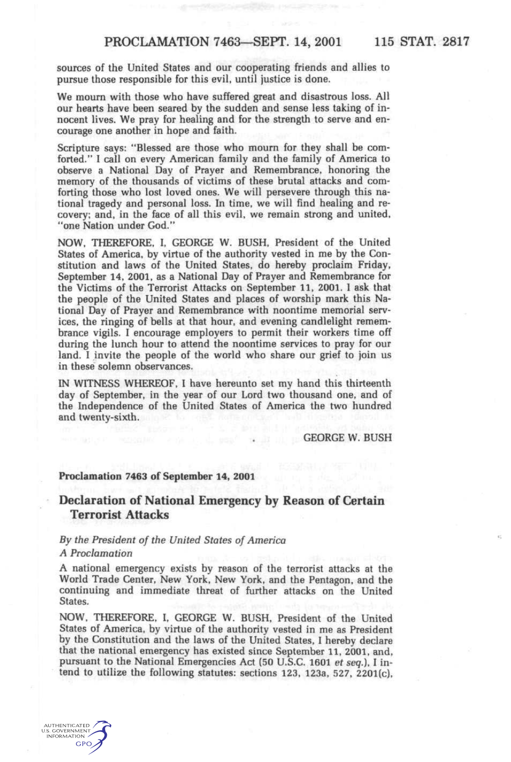 Proclamation 7463—Sept. 14, 2001 115 Stat. 2817