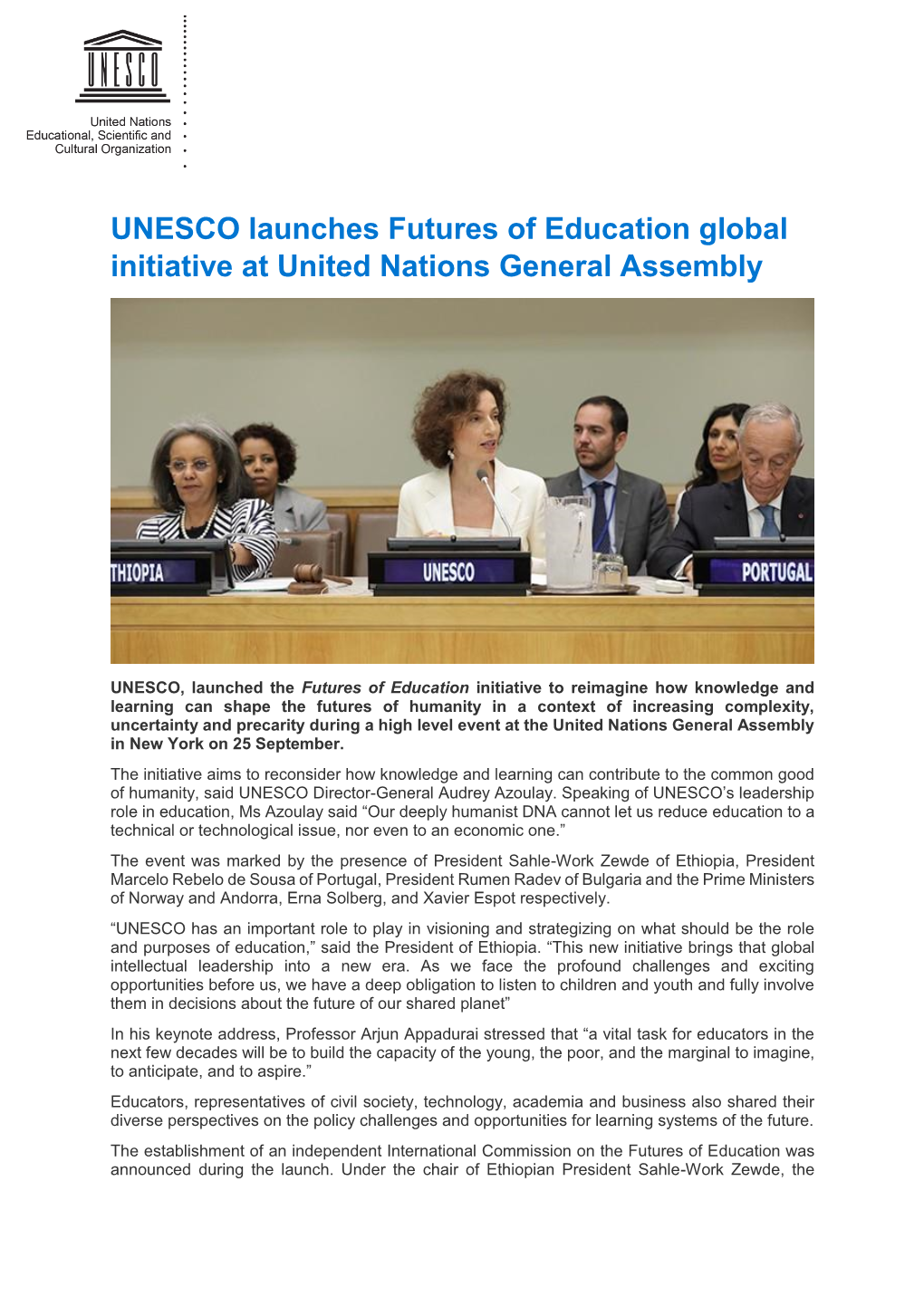 UNESCO Launches Futures of Education Global Initiative at United Nations General Assembly