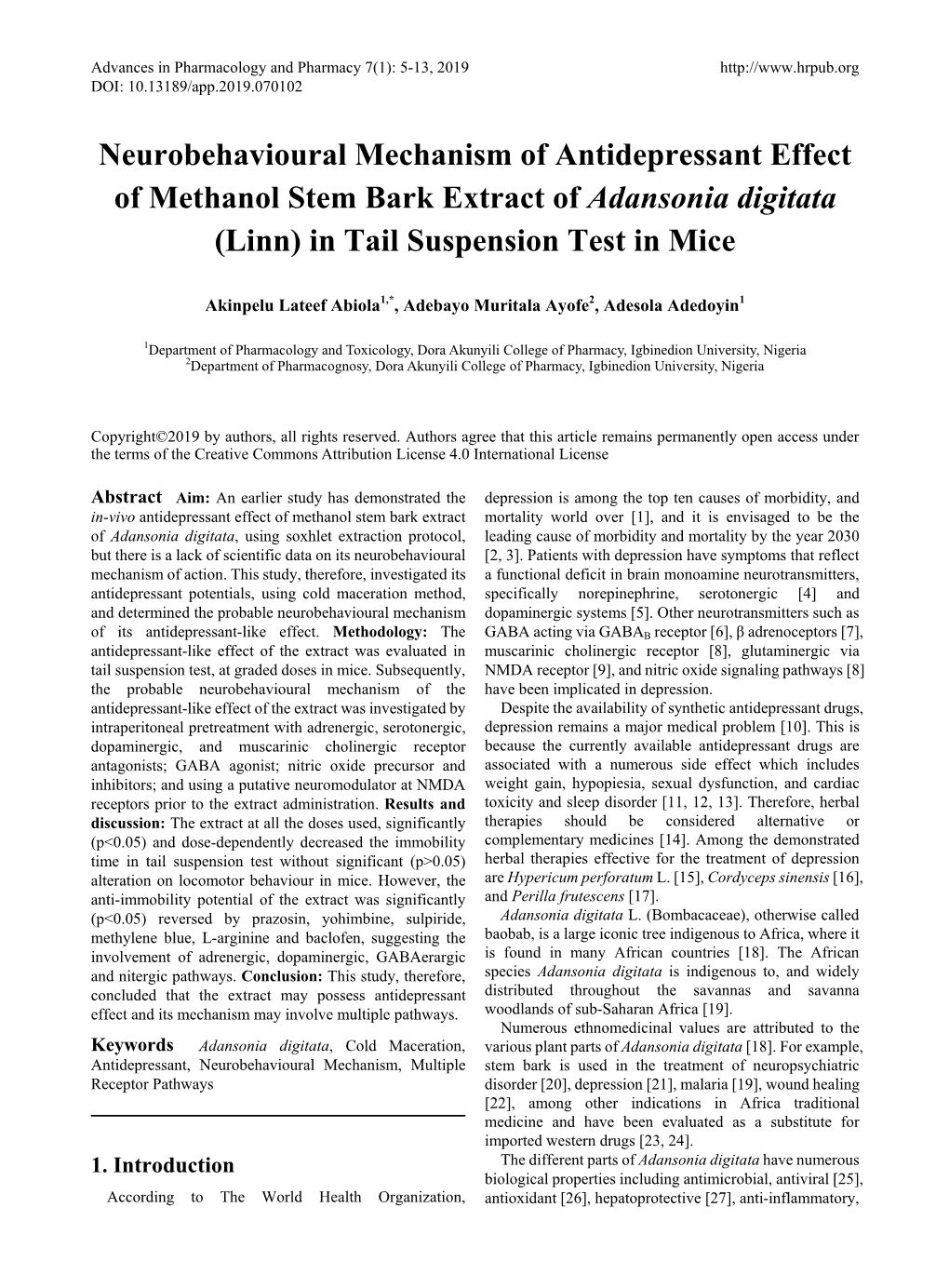 Neurobehavioural Mechanism of Antidepressant Effect of Methanol Stem Bark Extract of Adansonia Digitata (Linn) in Tail Suspension Test in Mice