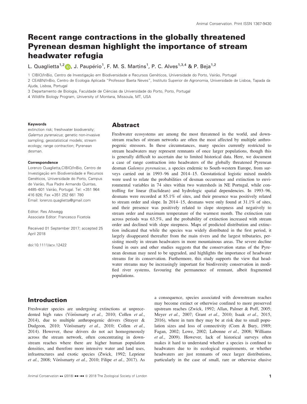 Recent Range Contractions in the Globally Threatened Pyrenean Desman Highlight the Importance of Stream Headwater Refugia L