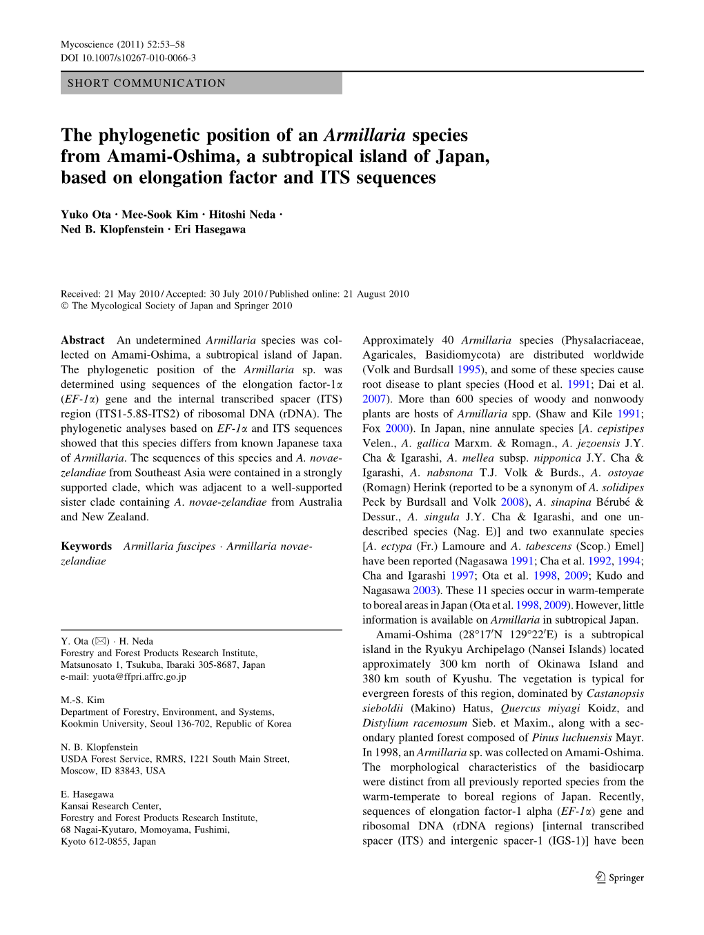 The Phylogenetic Position of an Armillaria Species from Amami-Oshima, a Subtropical Island of Japan, Based on Elongation Factor and ITS Sequences