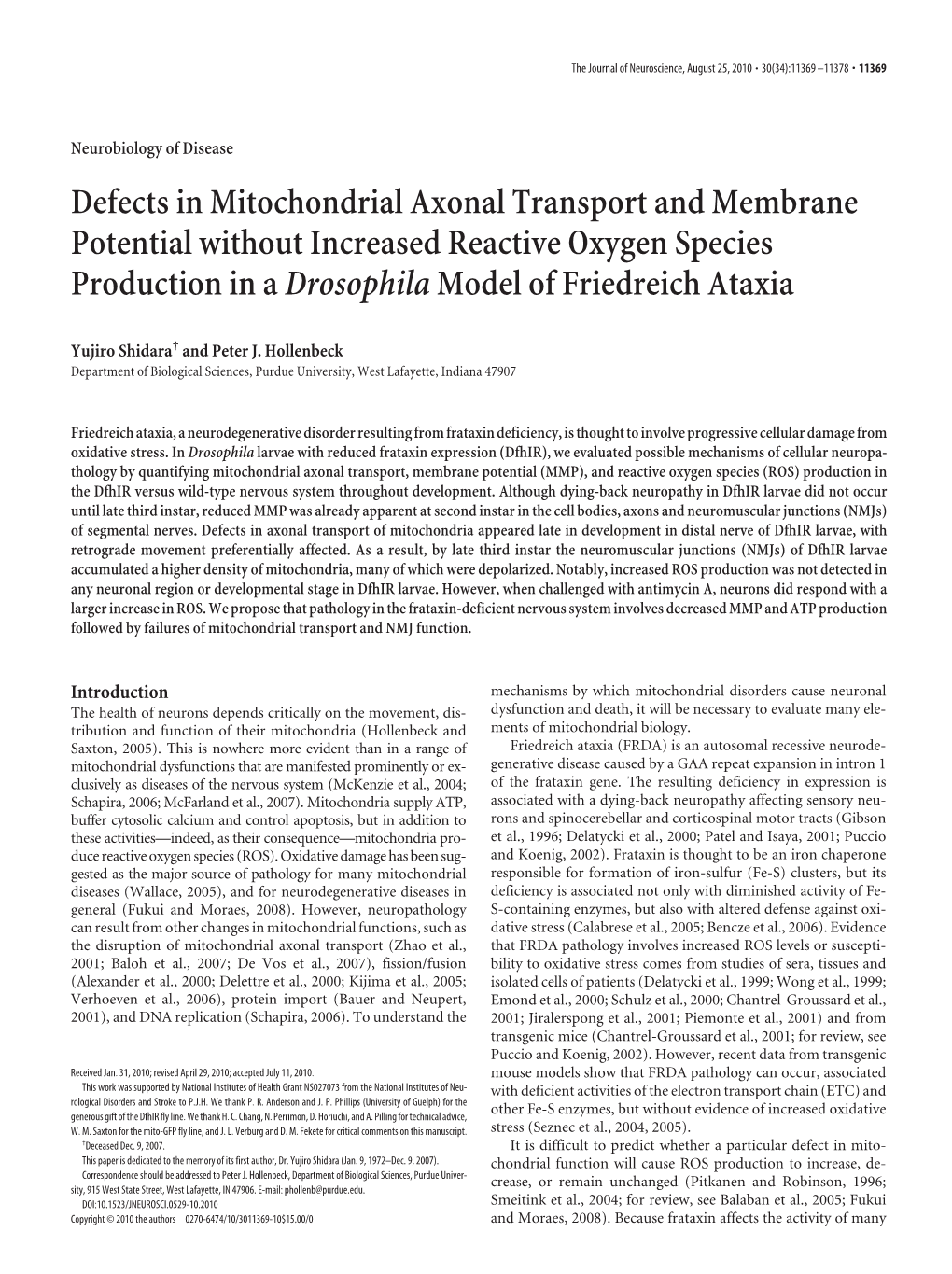 Defects in Mitochondrial Axonal Transport and Membrane Potential Without Increased Reactive Oxygen Species Production in Adrosop