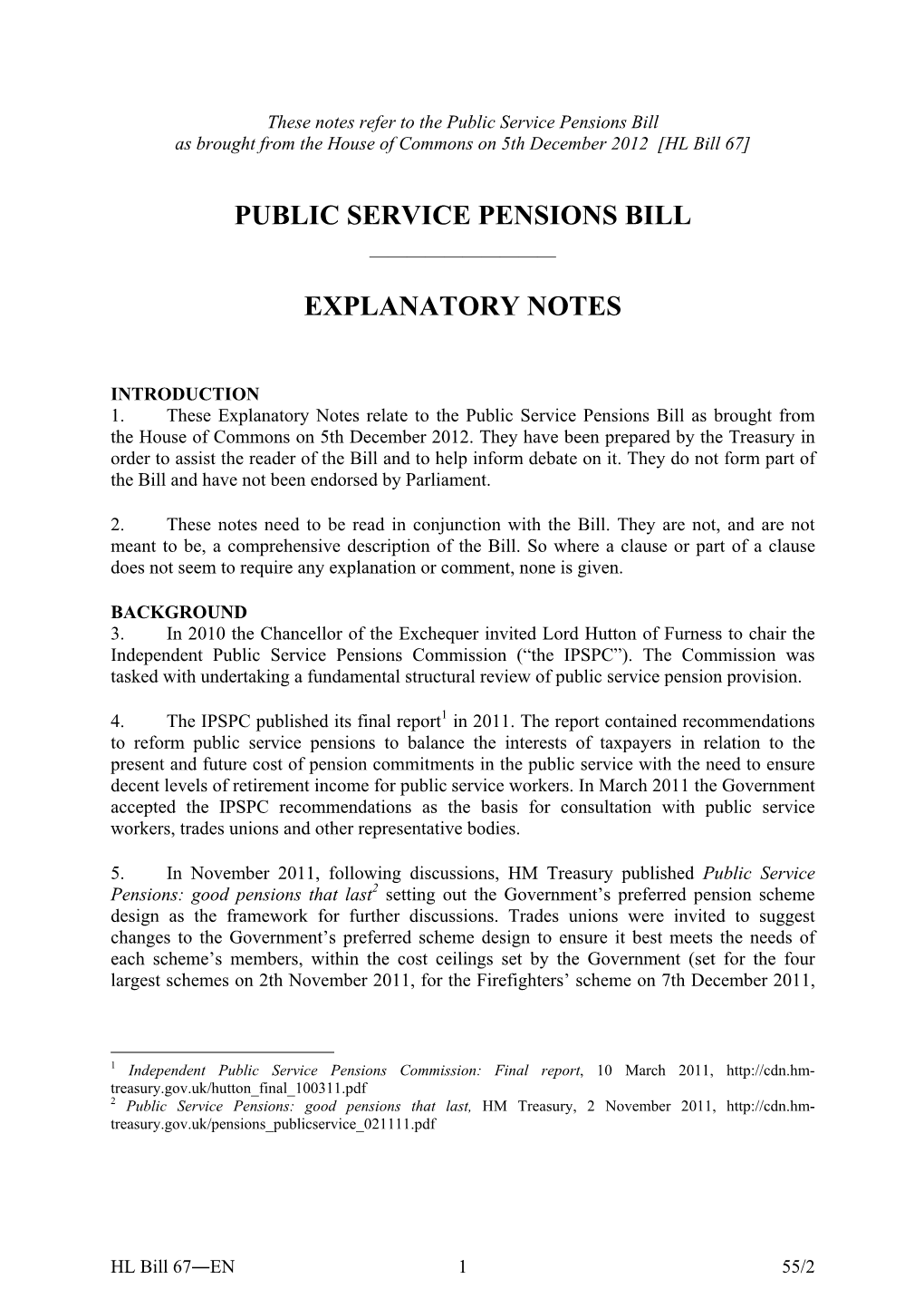 Public Service Pensions Bill Explanatory Notes