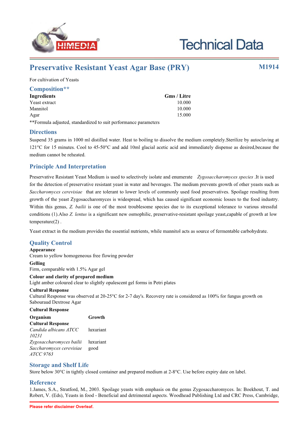 Preservative Resistant Yeast Agar Base (PRY) M1914