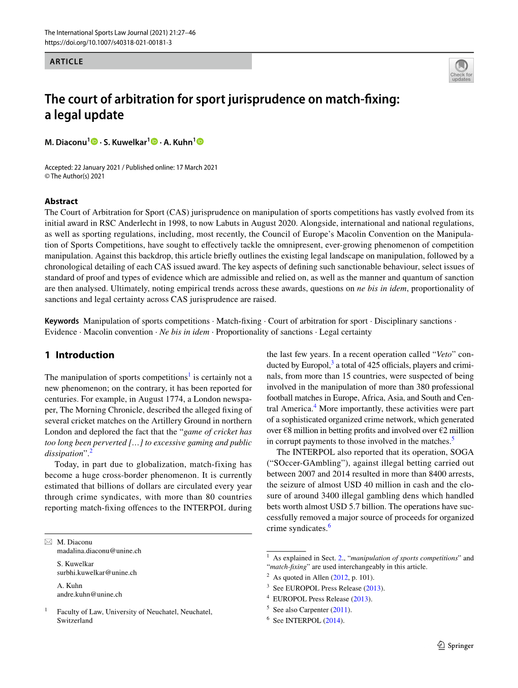 The Court of Arbitration for Sport Jurisprudence on Match-Fixing