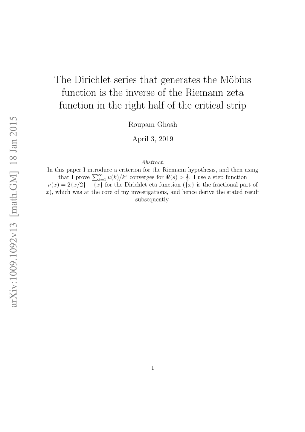 The Dirichlet Series That Generates the M\" Obius Function Is the Inverse Of