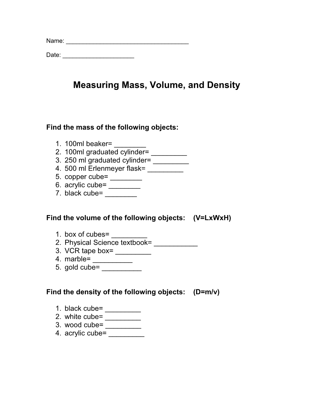 Measuring Mass, Volume, and Density