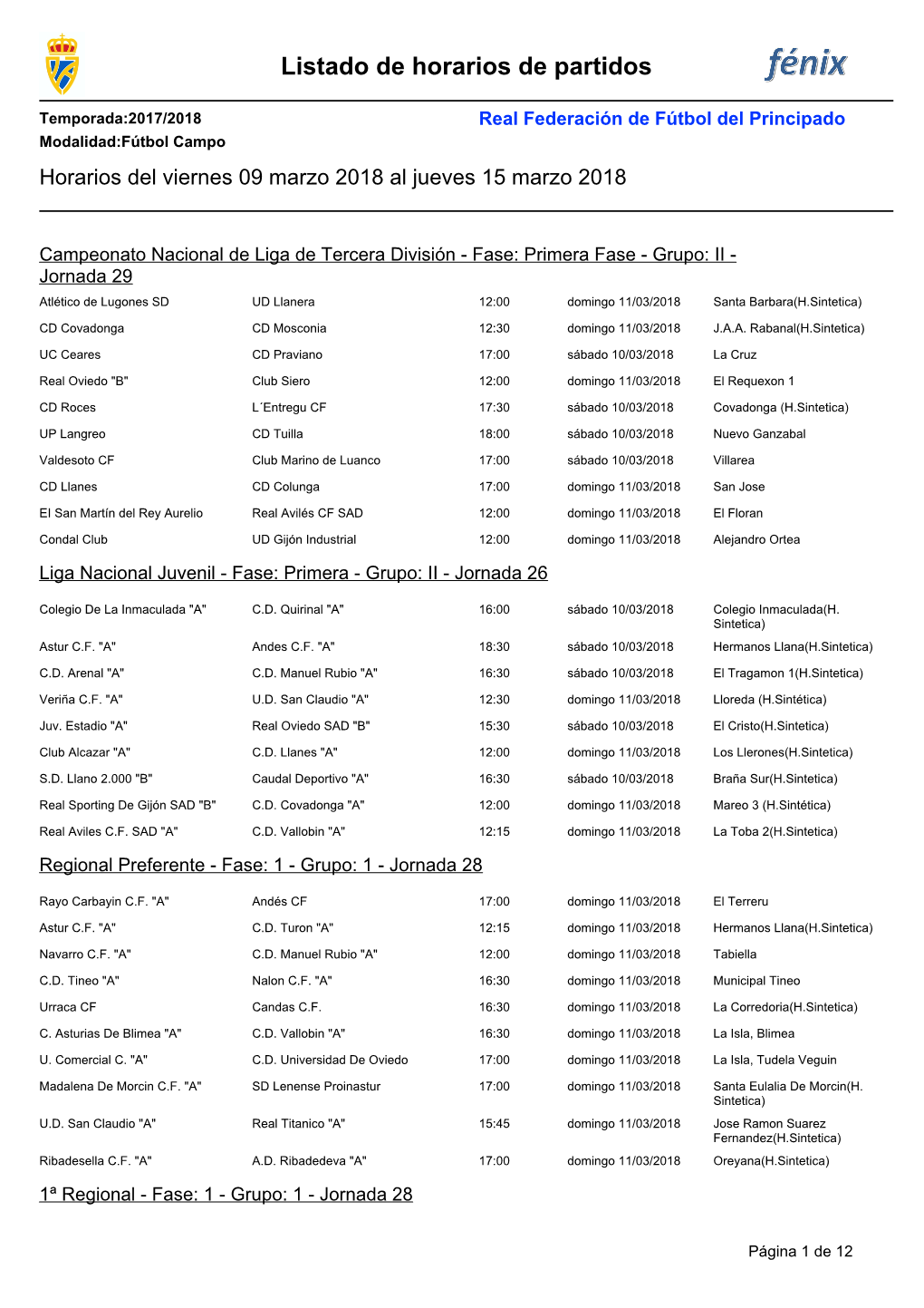 Listado De Horarios De Partidos