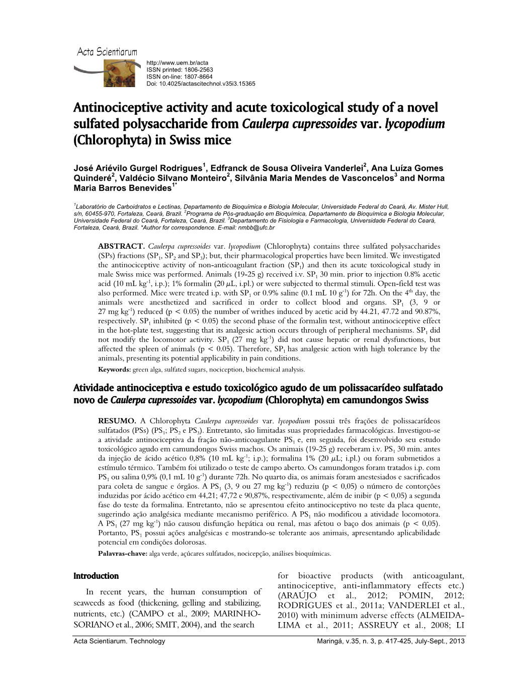 Antinociceptive Activity and Acute Toxicological Study of a Novel Sulfated Polysaccharide from Caulerpa Cupressoides Var. Lycopodium (Chlorophyta) in Swiss Mice