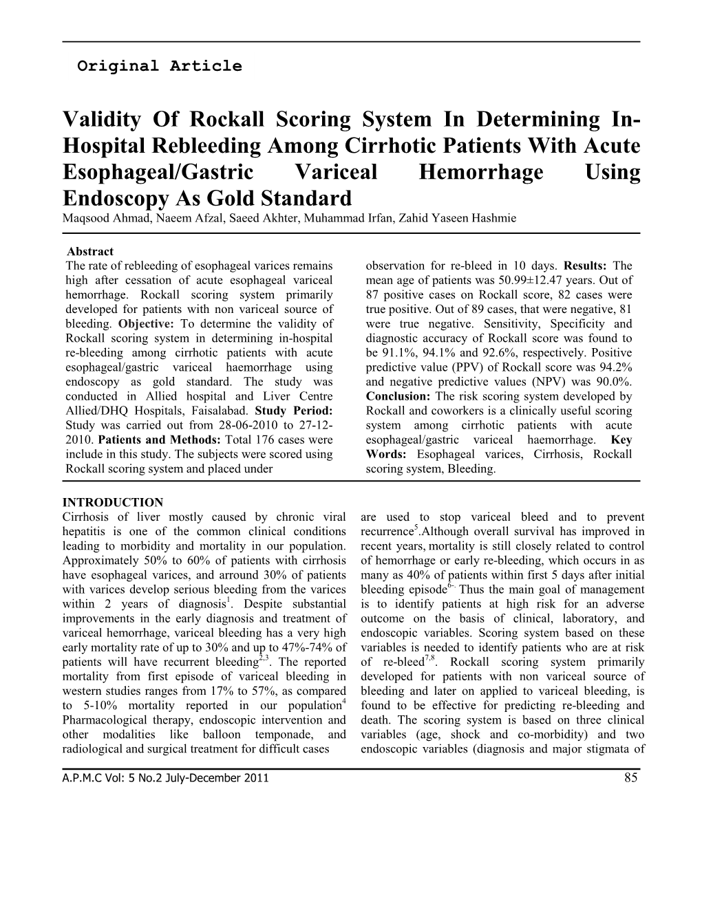 Validity of Rockall Scoring System in Determining In