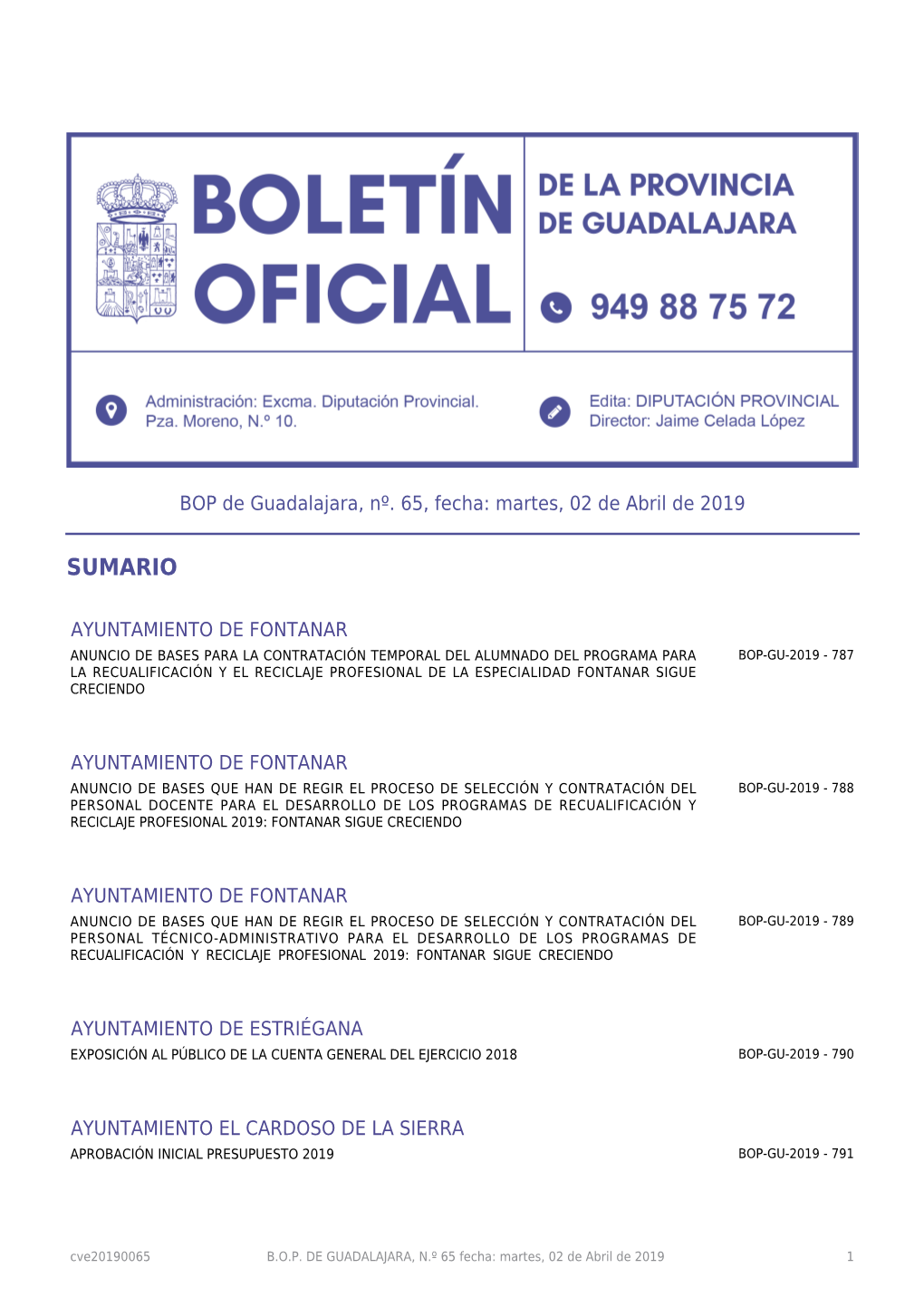 BOP De Guadalajara, Nº. 65, Fecha: Martes, 02 De Abril De 2019