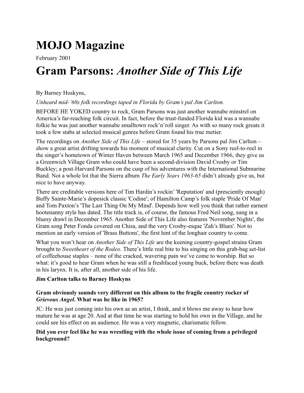 MOJO Magazine Gram Parsons: Another Side of This Life