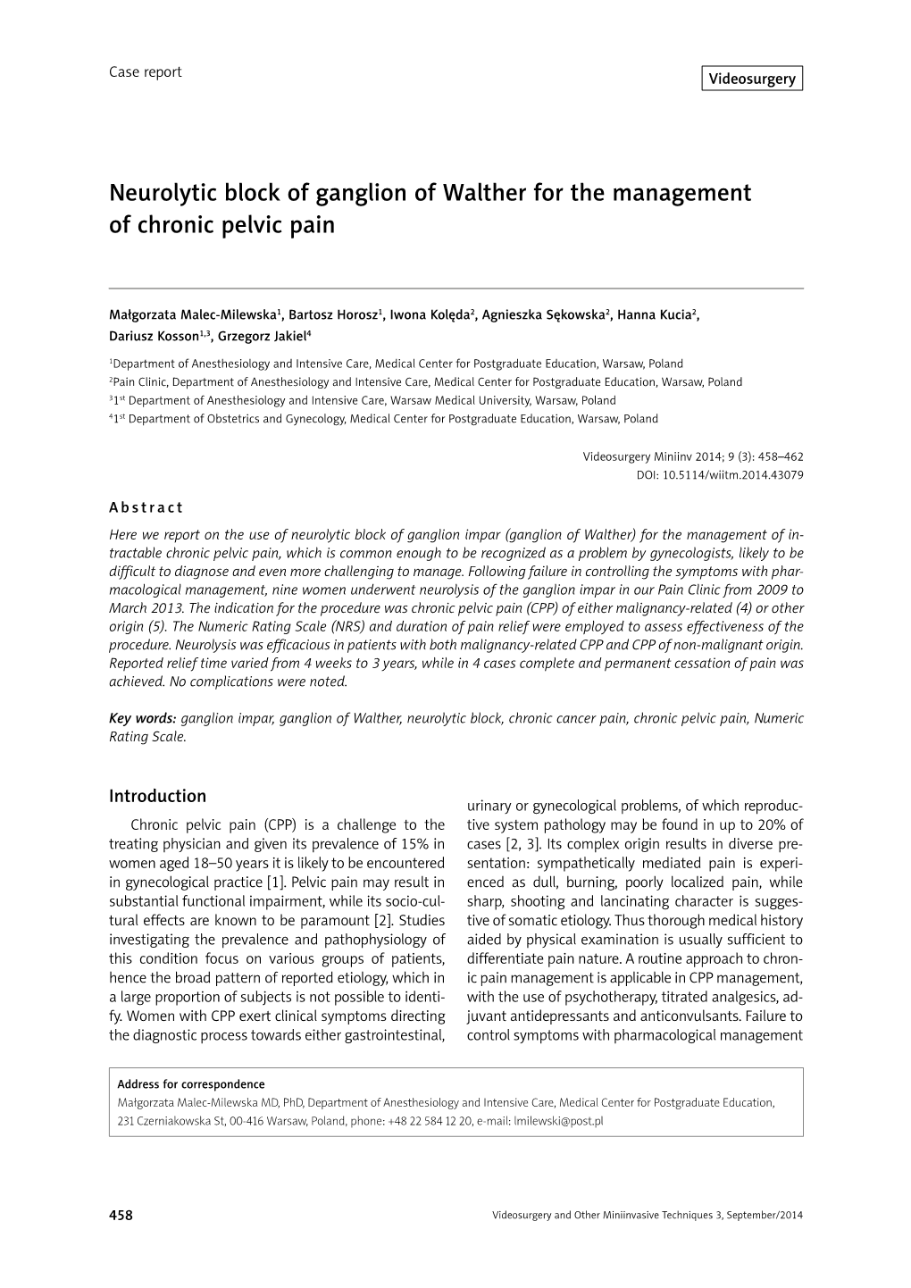 Neurolytic Block of Ganglion of Walther for the Management of Chronic Pelvic Pain