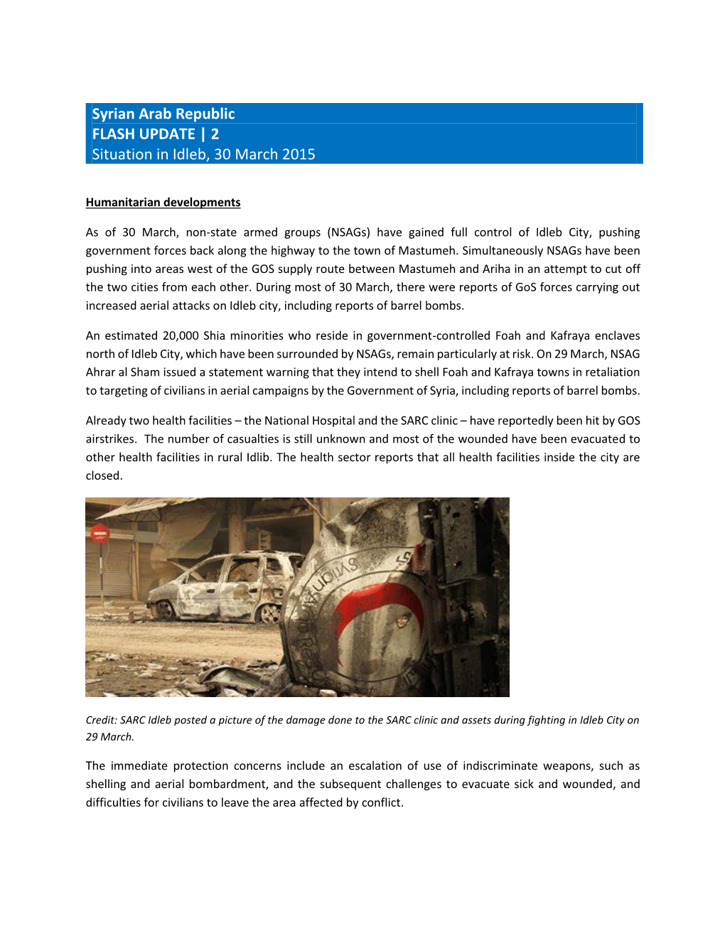 Syrian Arab Republic FLASH UPDATE | 2 Situation in Idleb, 30 March 2015