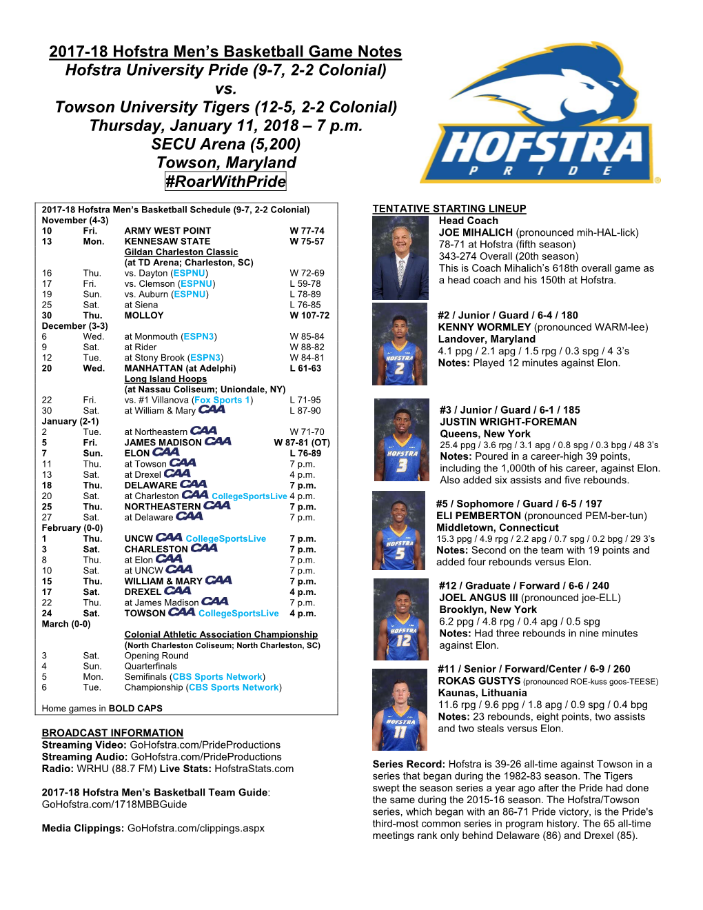2017-18 Hofstra Men's Basketball Game Notes Hofstra University