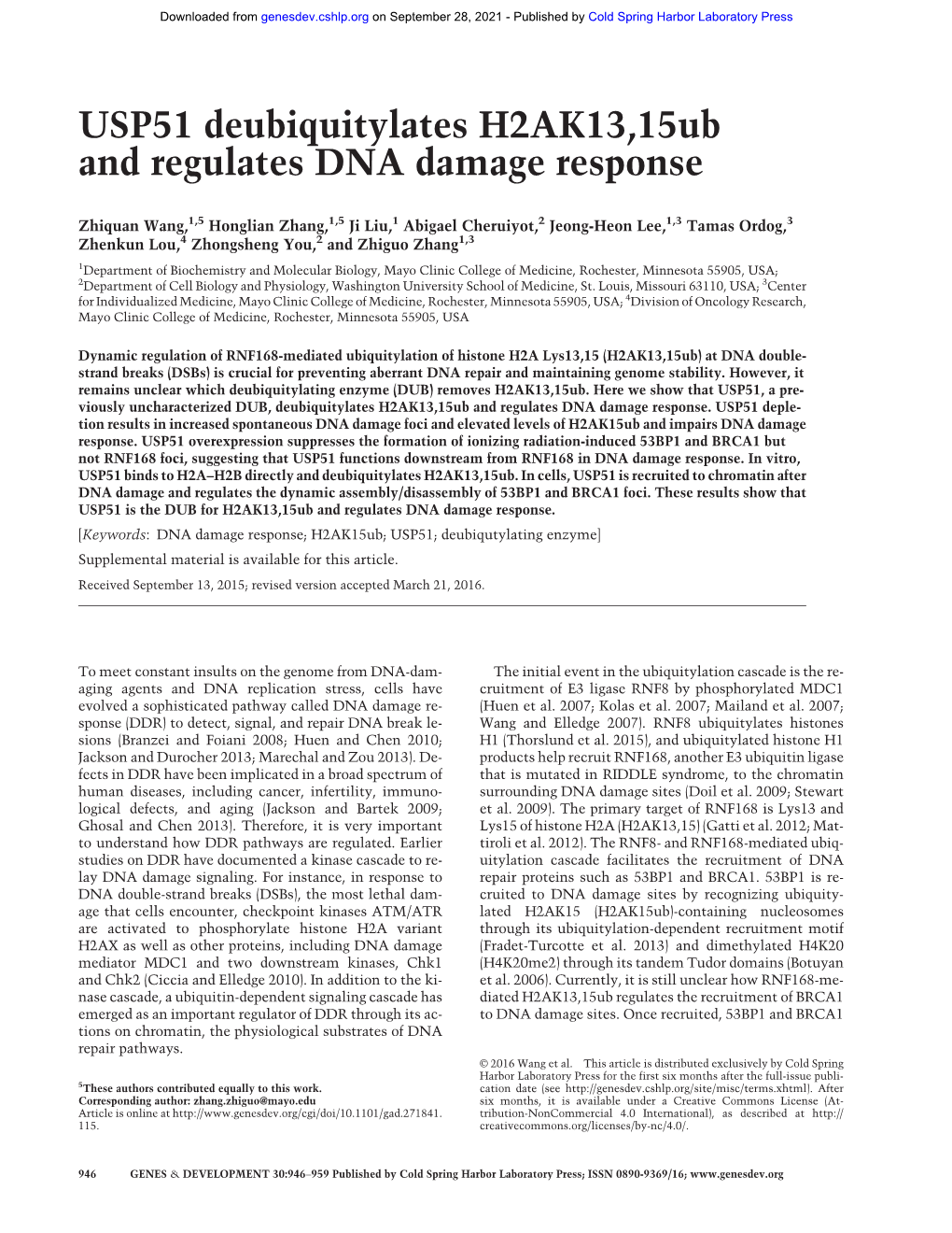 USP51 Deubiquitylates H2AK13,15Ub and Regulates DNA Damage Response