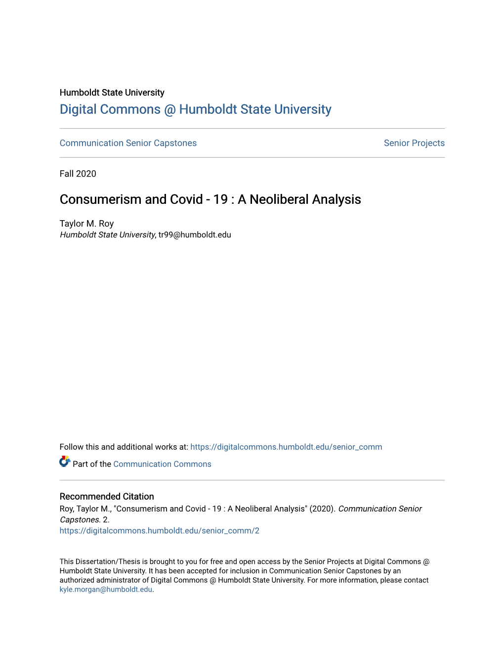 Consumerism and Covid - 19 : a Neoliberal Analysis