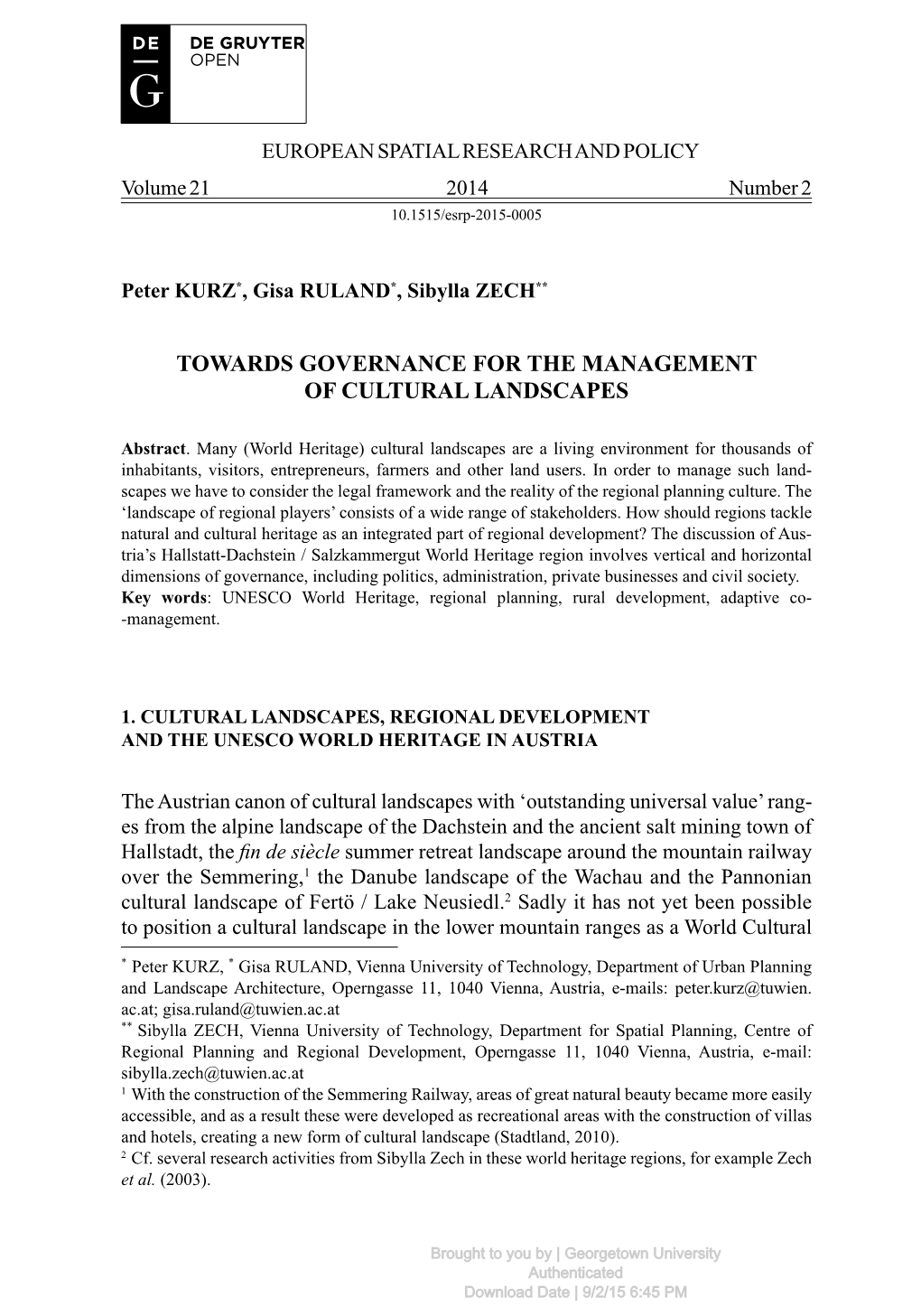 Towards Governance for the Management of Cultural Landscapes