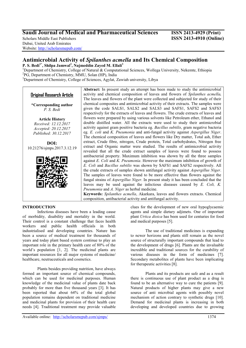 Antimicrobial Activity of Spilanthes Acmella and Its Chemical Composition P