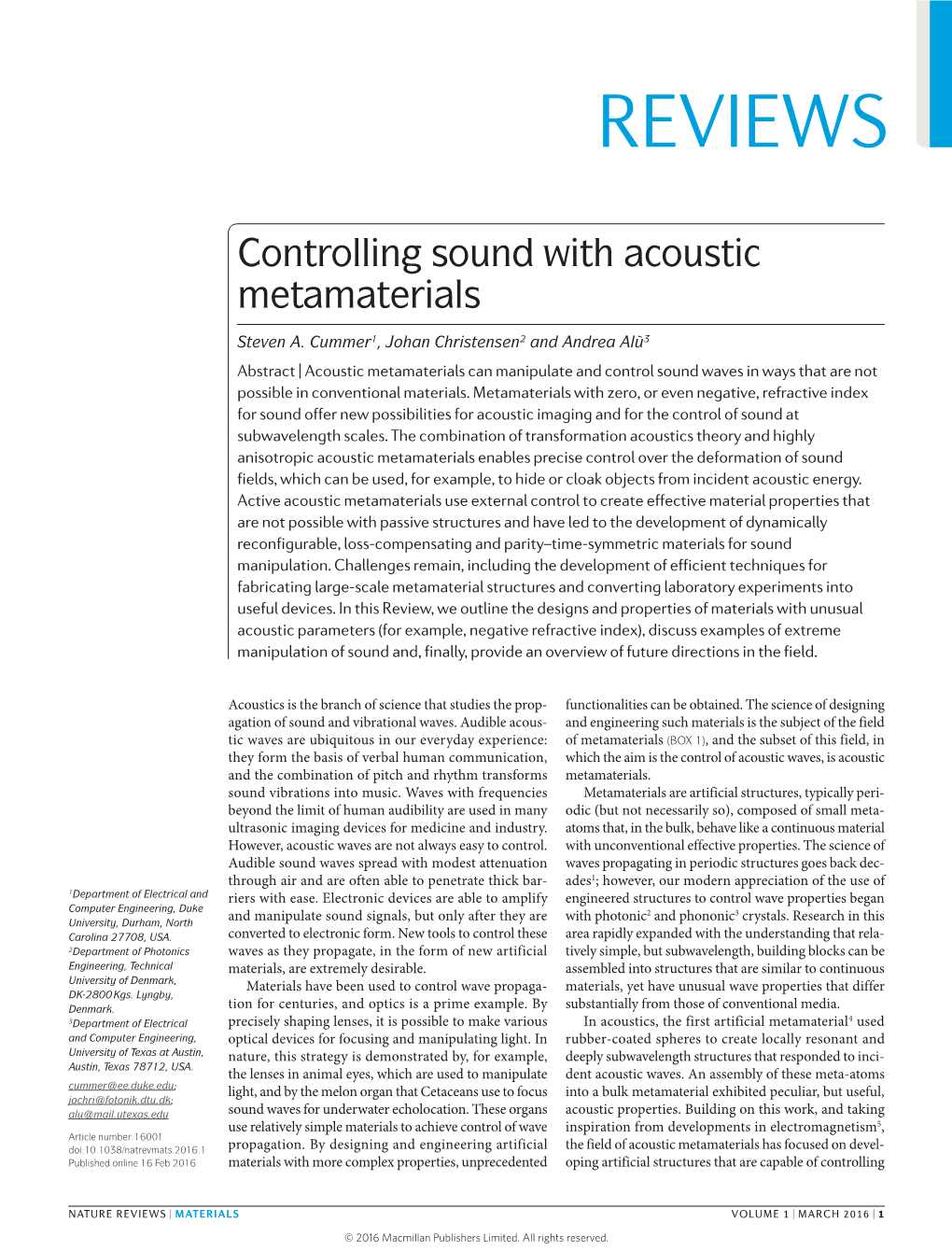 Controlling Sound with Acoustic Metamaterials