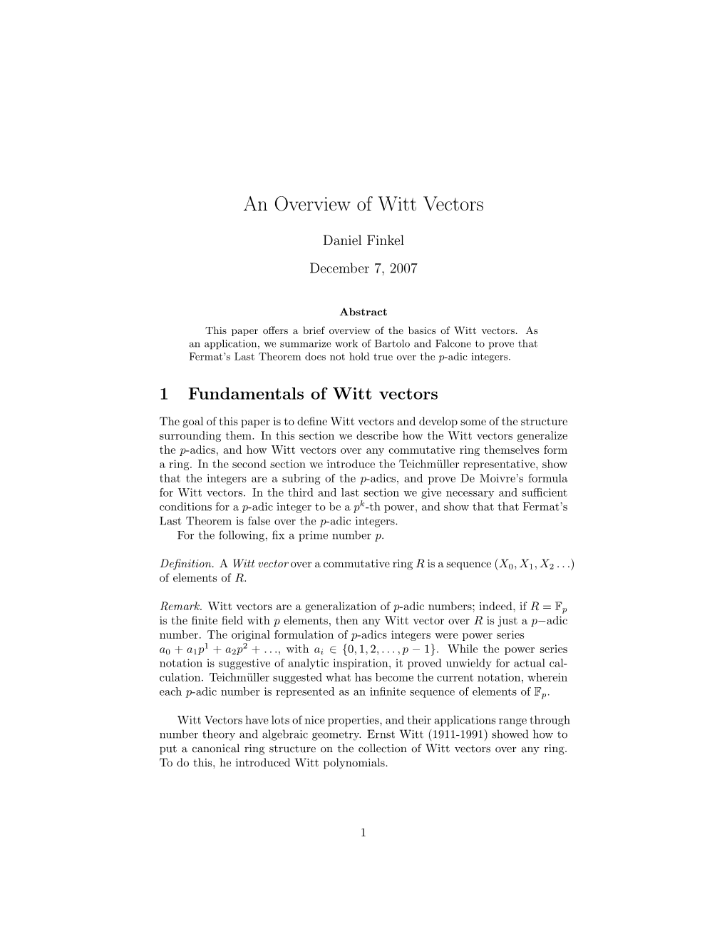 An Overview of Witt Vectors