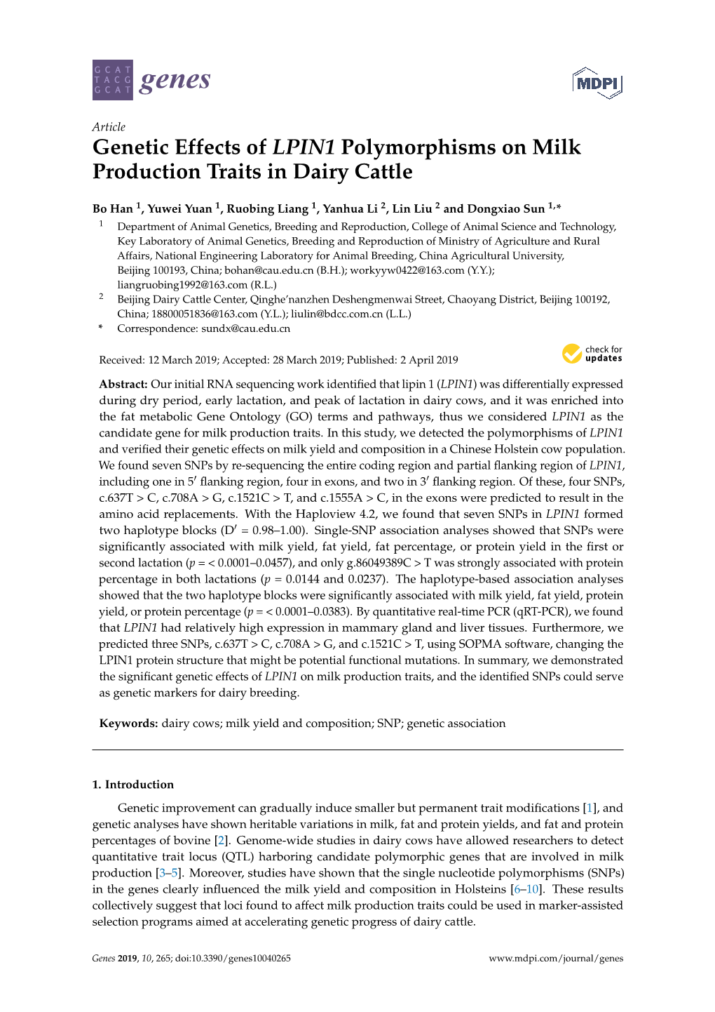 Genetic Effects of LPIN1 Polymorphisms on Milk Production Traits in Dairy Cattle