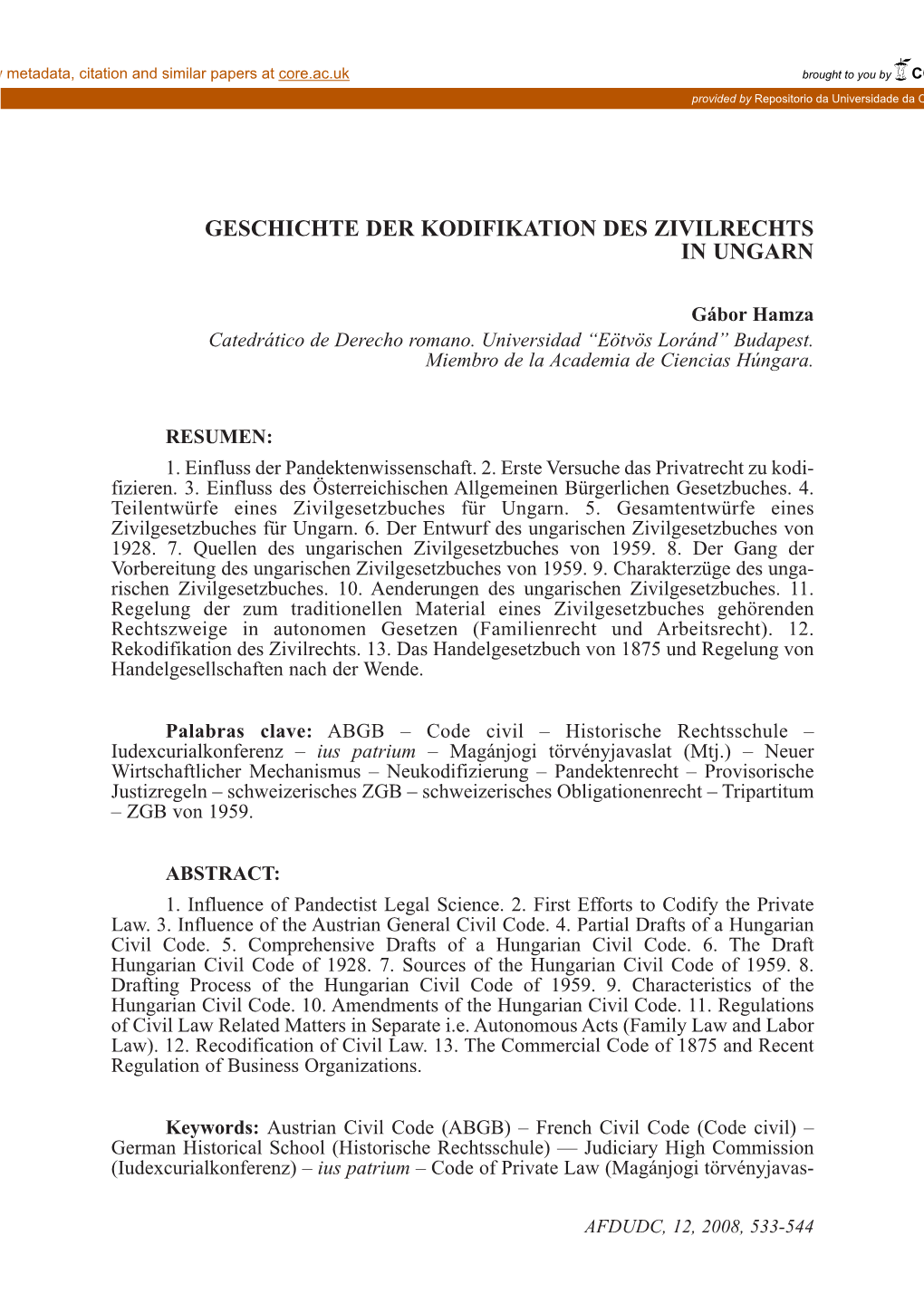 Geschichte Der Kodifikation Des Zivilrechts in Ungarn