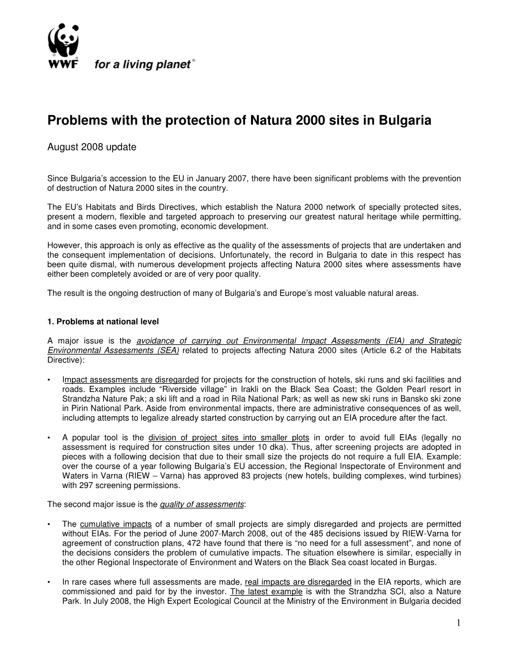Problems with the Protection of Natura 2000 Sites in Bulgaria