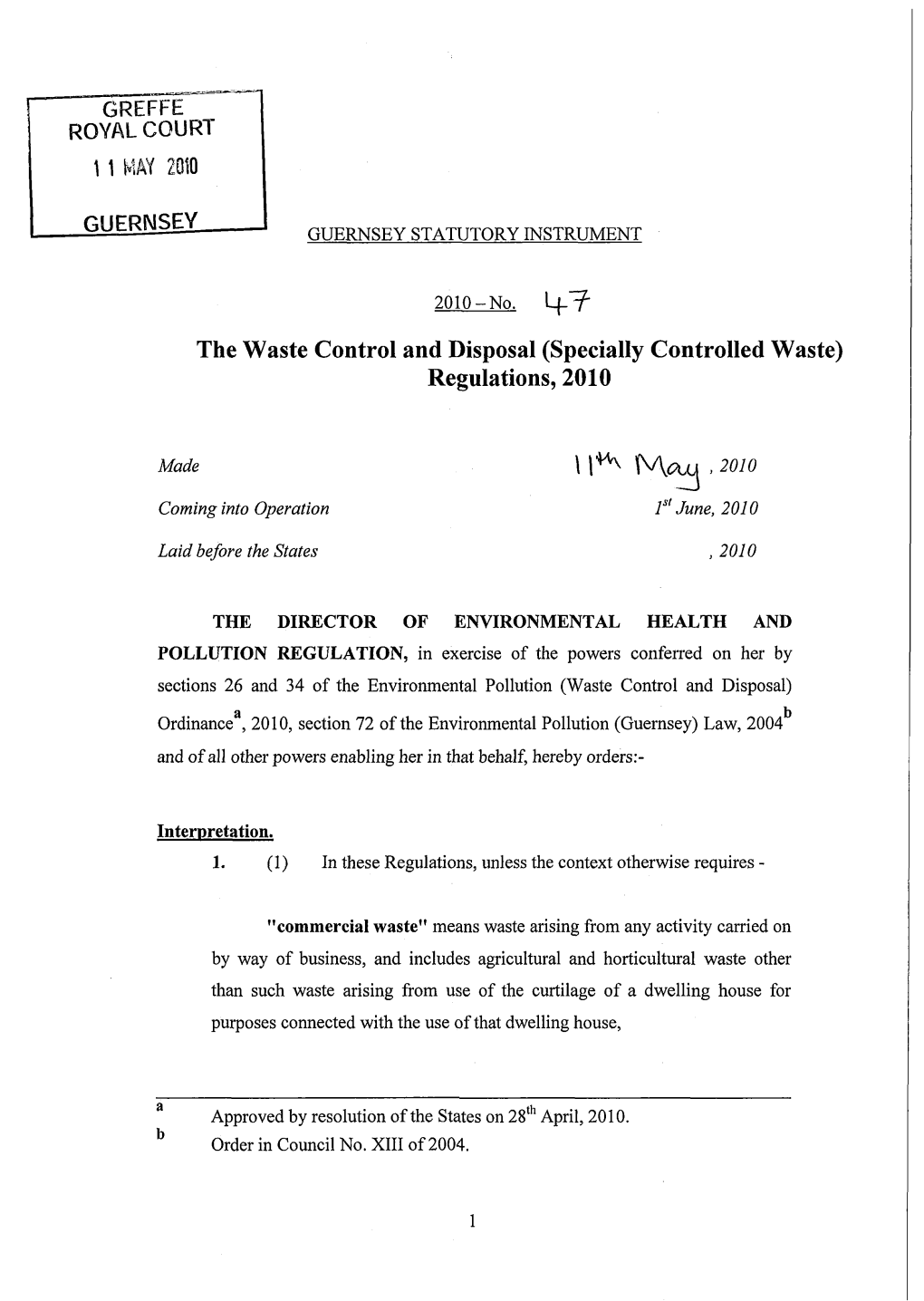 (Specially Controlled Waste) Regulations, 2010