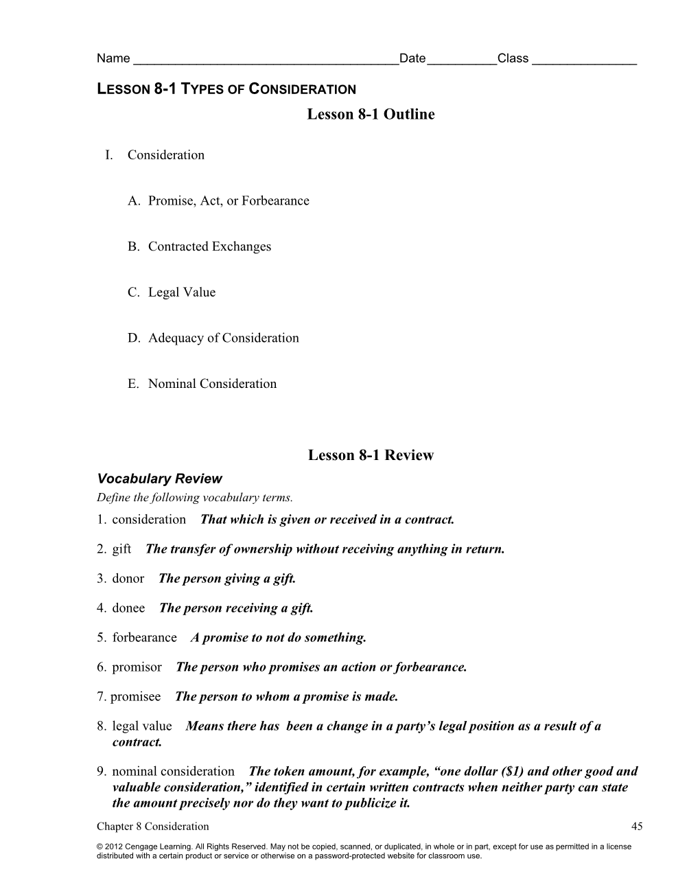 Lesson 8-1 Outline Lesson 8-1 Review