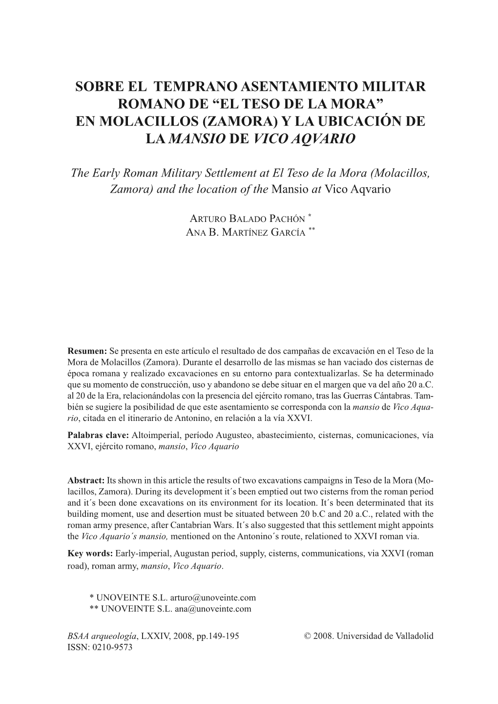 “El Teso De La Mora” En Molacillos (Zamora) Y La Ubicación De La Mansio De Vico Aqvario