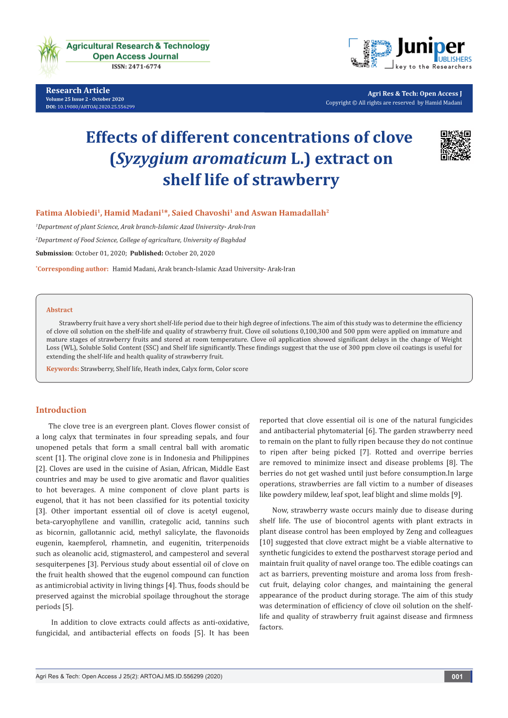 Effects of Different Concentrations of Clove (Syzygium Aromaticum L.) Extract on Shelf Life of Strawberry