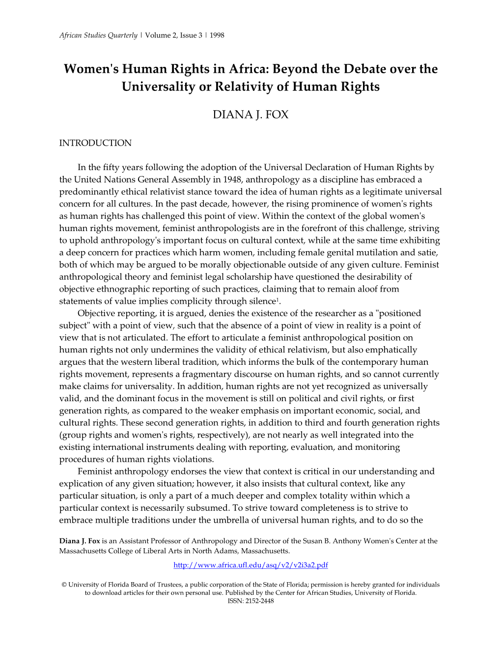 Women's Human Rights in Africa: Beyond the Debate Over the Universality Or Relativity of Human Rights