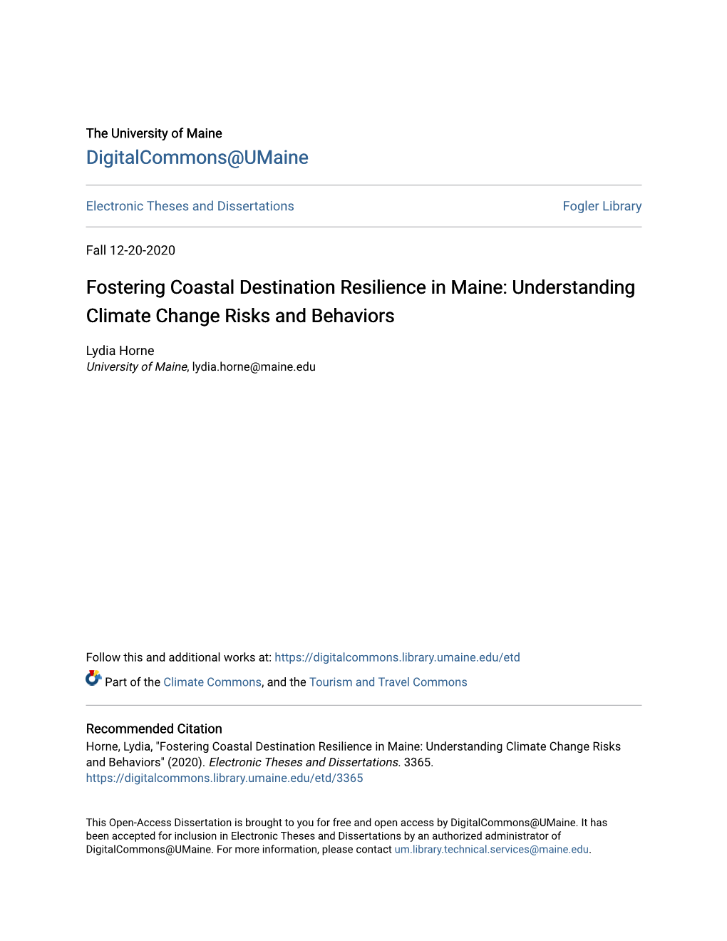 Fostering Coastal Destination Resilience in Maine: Understanding Climate Change Risks and Behaviors