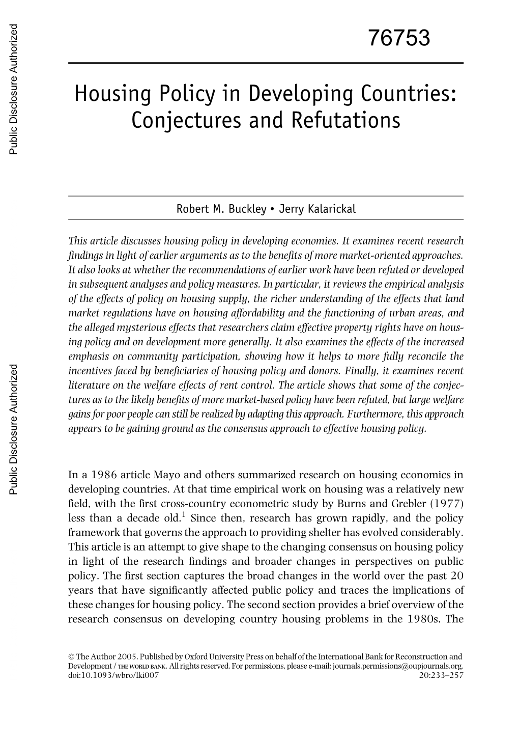 Housing Policy in Developing Countries: Conjectures and Refutations Public Disclosure Authorized