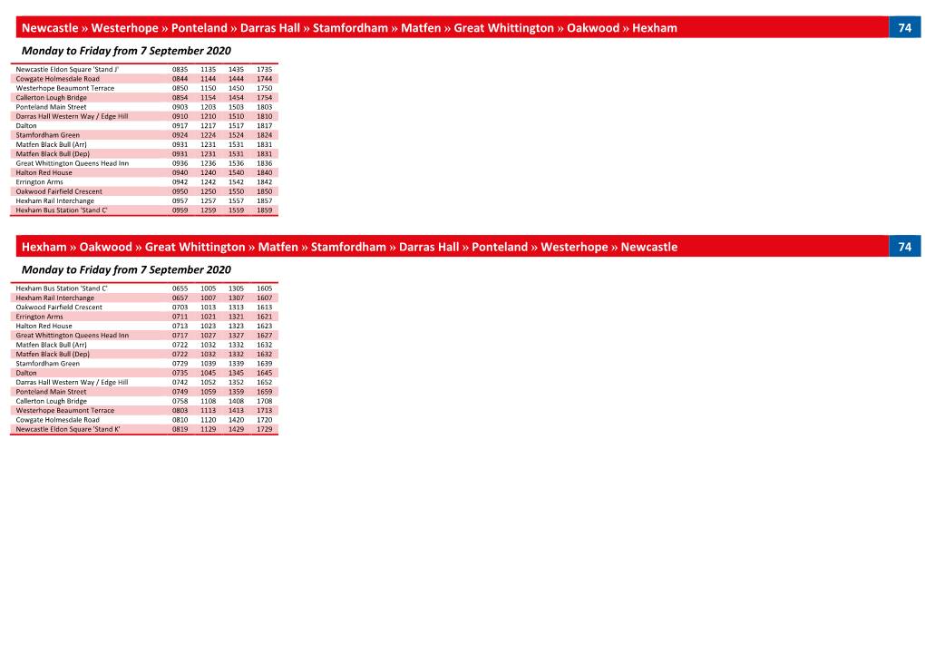 Matfen » Great Whittington » Oakwood » Hexham 74 Monday to Friday from 7 September 2020