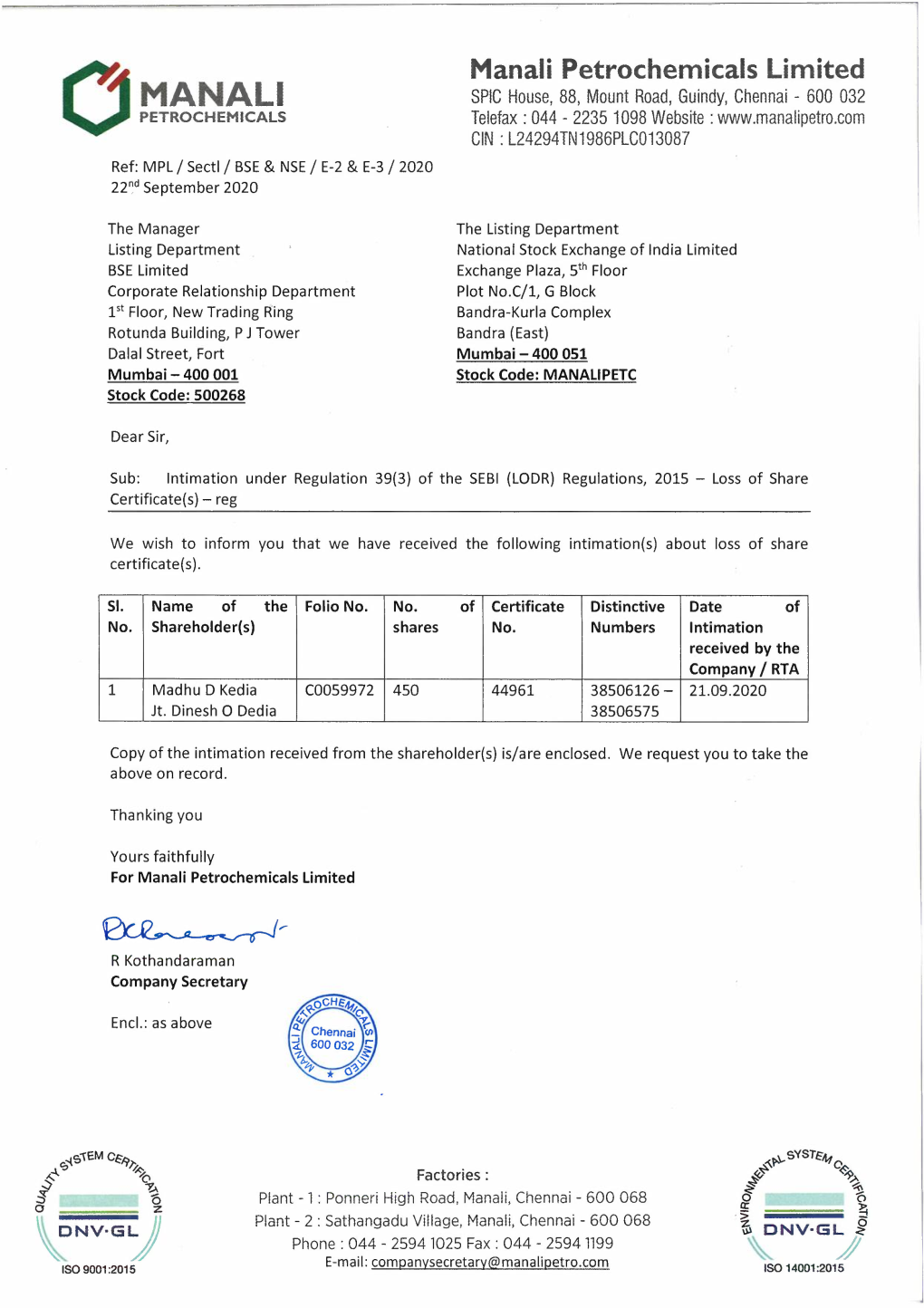 Manali Petrochemicals Limited