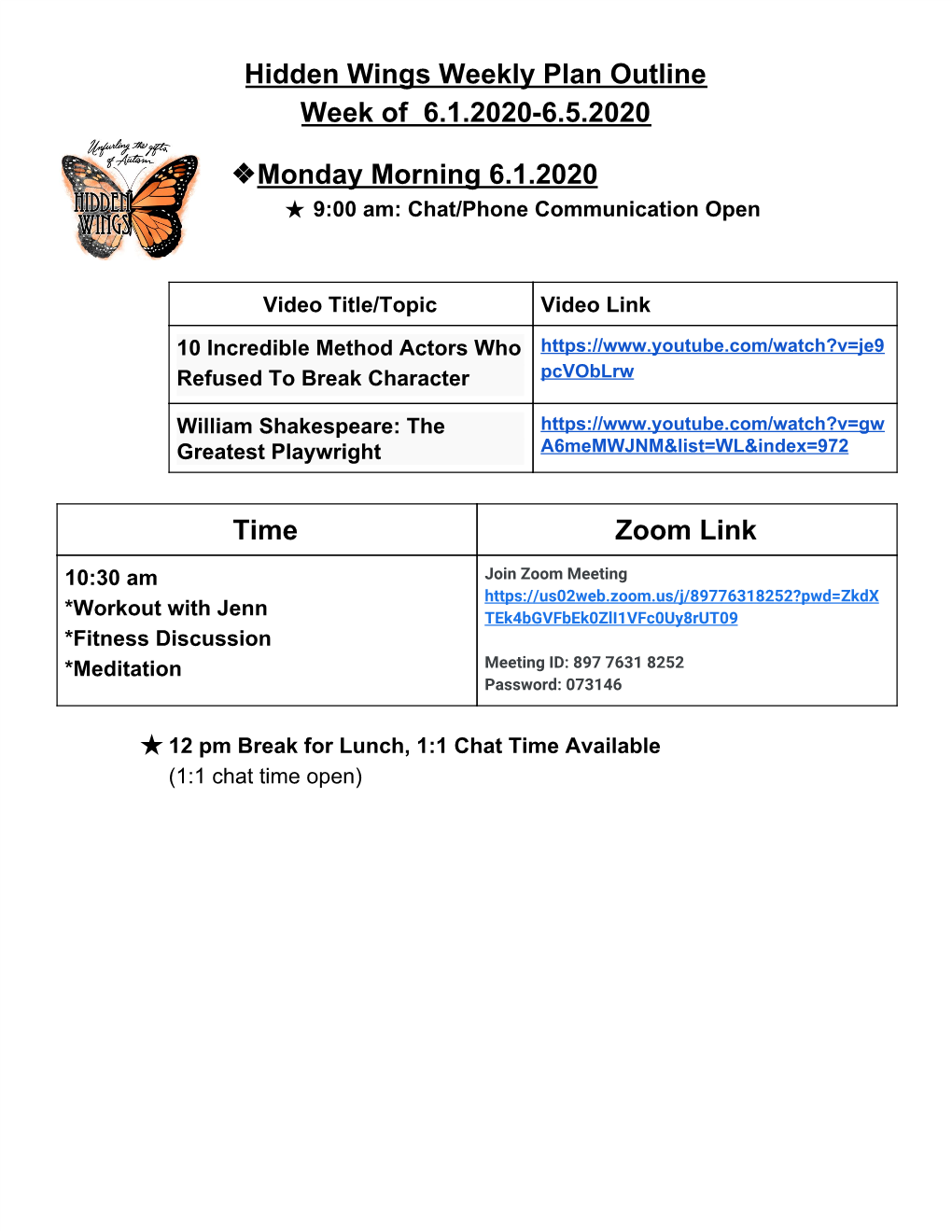 Hidden Wings Weekly Plan Outline Week of 6.1.2020-6.5.2020 Monday