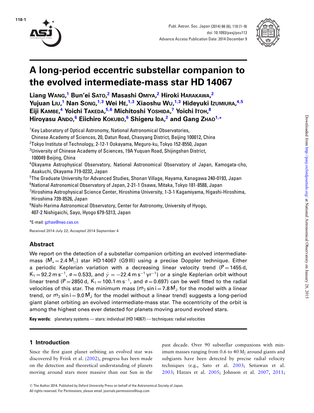 A Long-Period Eccentric Substellar Companion to the Evolved Intermediate-Mass Star HD 14067