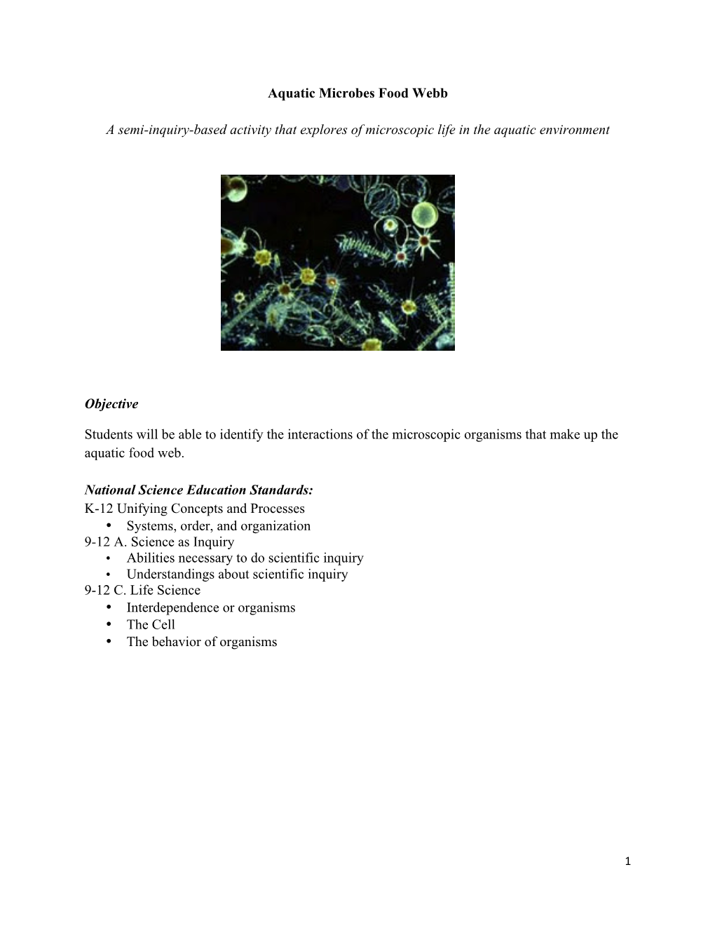 Aquatic Microbes Food Webb a Semi-Inquiry-Based Activity That