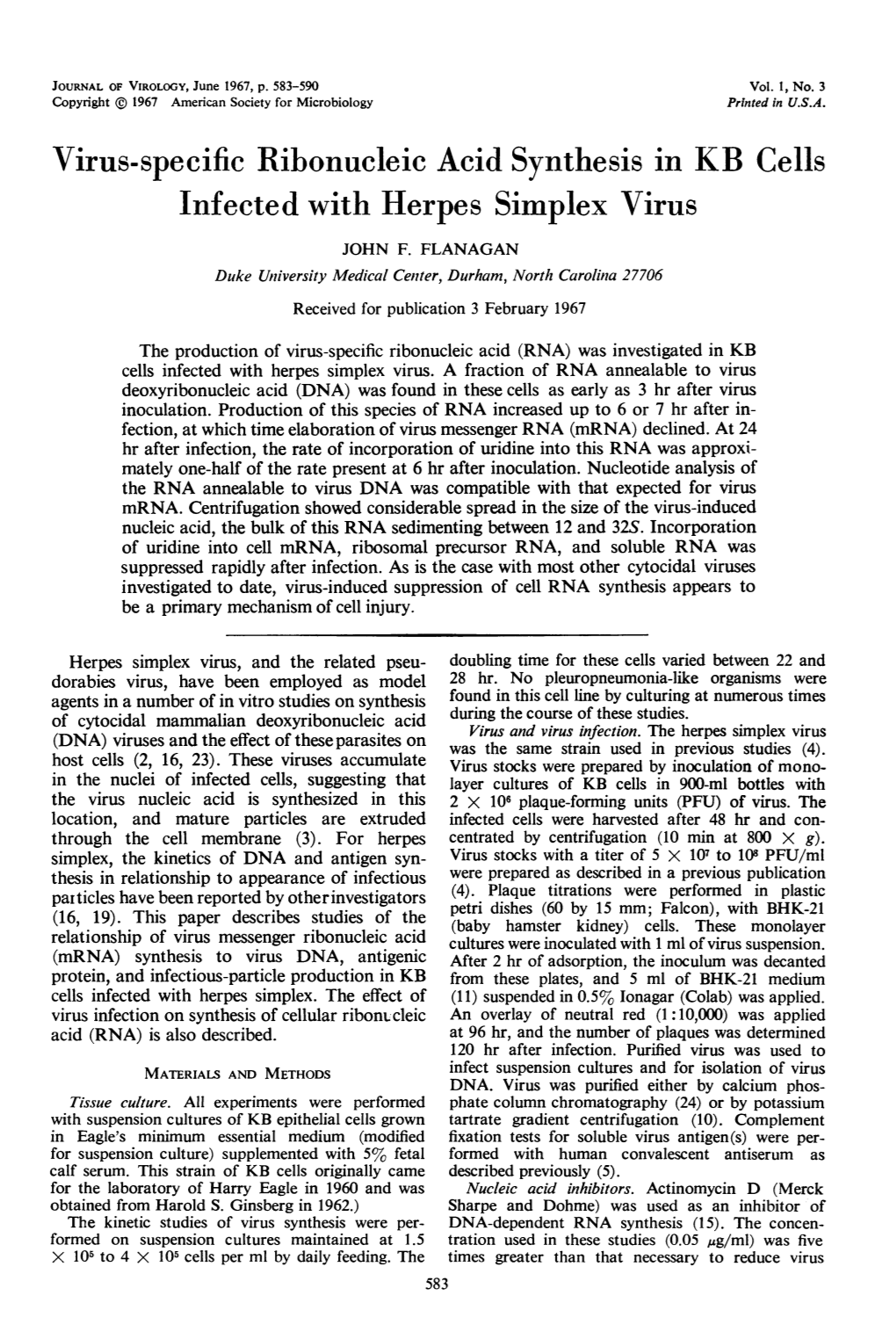 Virus-Specific Ribonucleic Acid Synthesis in KB Cells Infected with Herpes Simplex Virus JOHN F