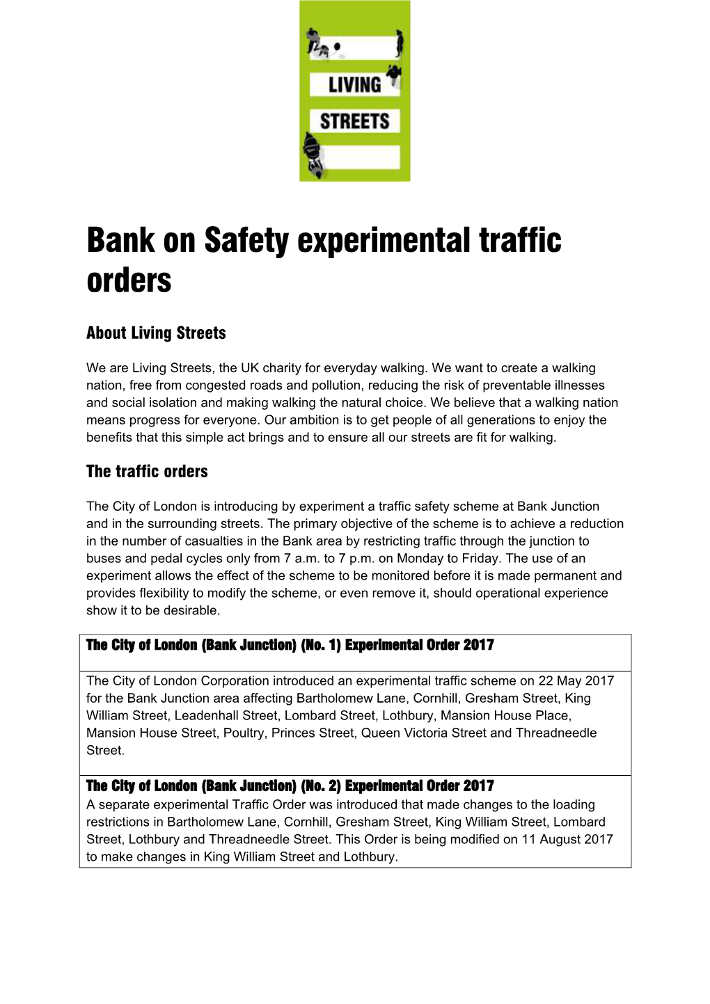 Bank on Safety Experimental Traffic Orders