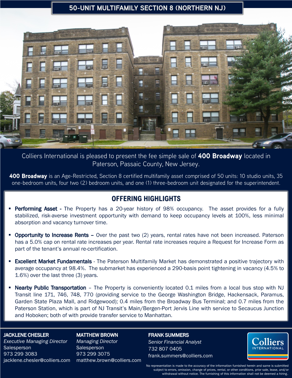 Colliers International Is Pleased to Present the Fee Simple Sale of 400 Broadway Located in Paterson, Passaic County, New Jersey