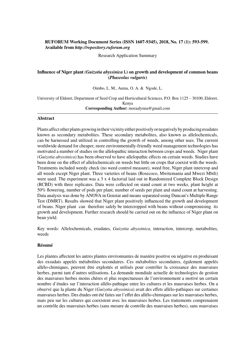 Research Application Summary Influence of Niger Plant (Guizotia Abyssinica L.) on Growth and Development of Common Beans (Phaseo